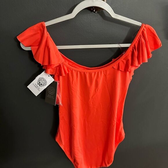 Vince Camuto Ruffle Off The Shoulder OnePiece Swimsuit Sz 6 NWT Bright CoralRed - Picture 8 of 9